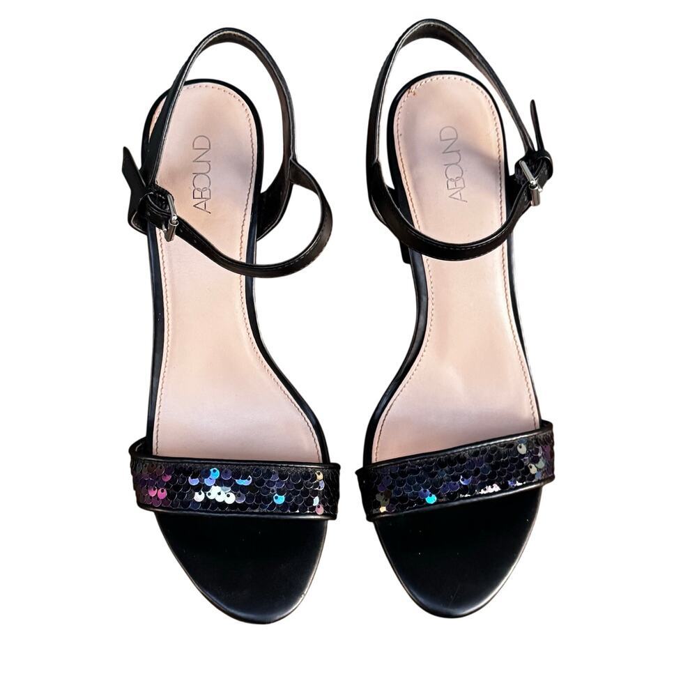 ABound Black Sequin Ankle Strap Block Heel Sandals Size 8.5
